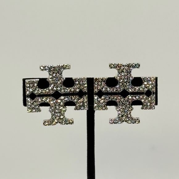 Tory Burch Silver T Logo Large  Crystal Clip-On Earrings - Picture 4 of 5